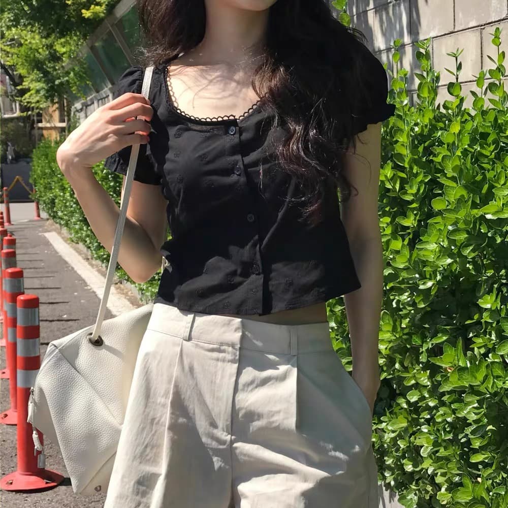 있음 선적 한국 ins 자수 자카드 광장 칼라 달콤함 반팔 셔츠 상세 이미지 27