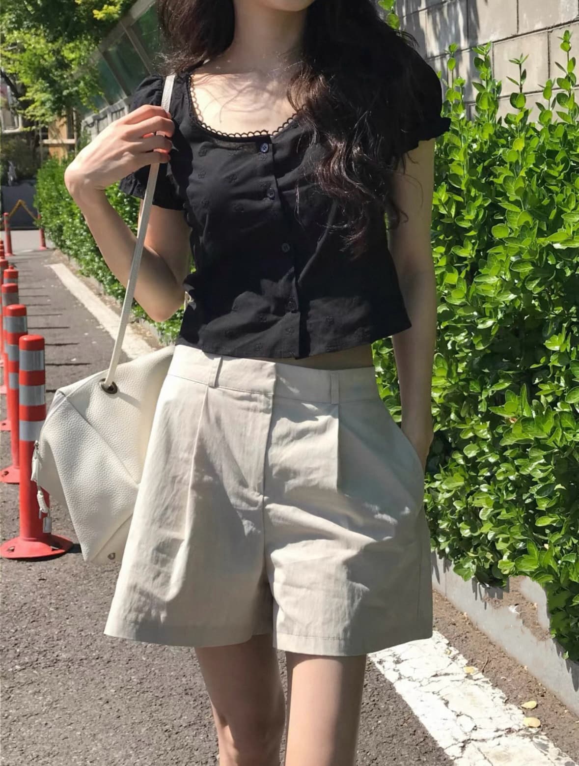 있음 선적 한국 ins 자수 자카드 광장 칼라 달콤함 반팔 셔츠 상세 이미지 28