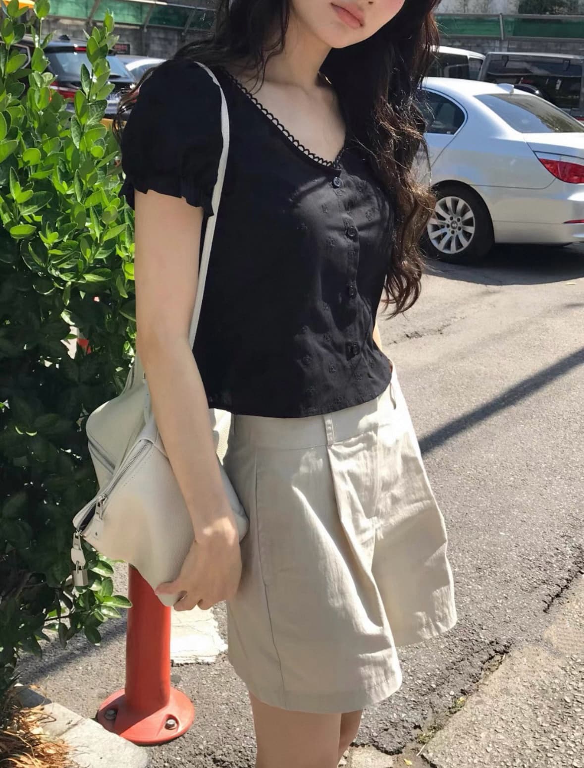 있음 선적 한국 ins 자수 자카드 광장 칼라 달콤함 반팔 셔츠 상세 이미지 29