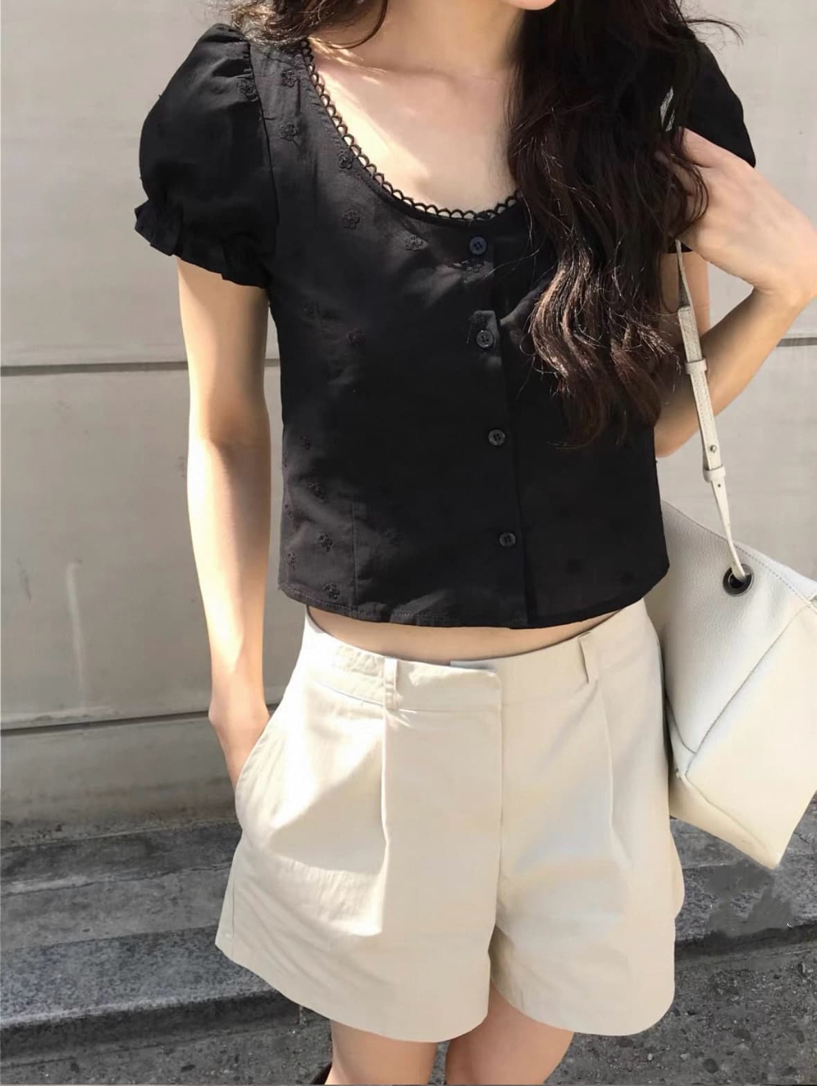 있음 선적 한국 ins 자수 자카드 광장 칼라 달콤함 반팔 셔츠 상세 이미지 30