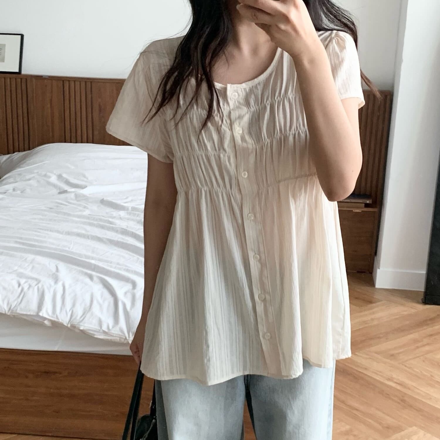 있음 선적 한국 chic 느긋한 바람 주름 반팔 허리 수축 슬림해 보이는 맨위 셔츠