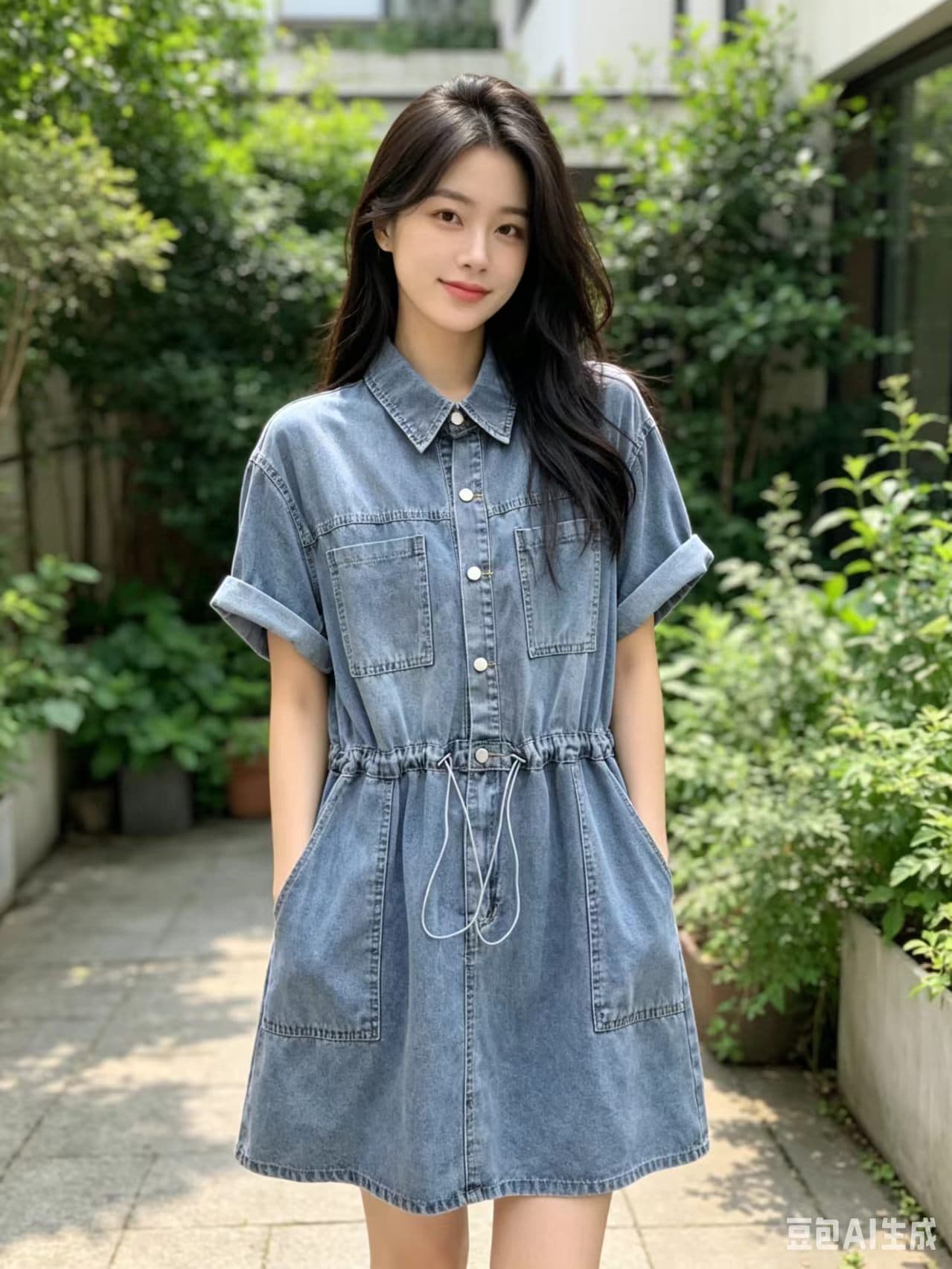 2026 한국 동대문 구매 여름 드레스 새로운 여성 부서 버클 폴로 칼라 데님 드레스 상세 이미지 5