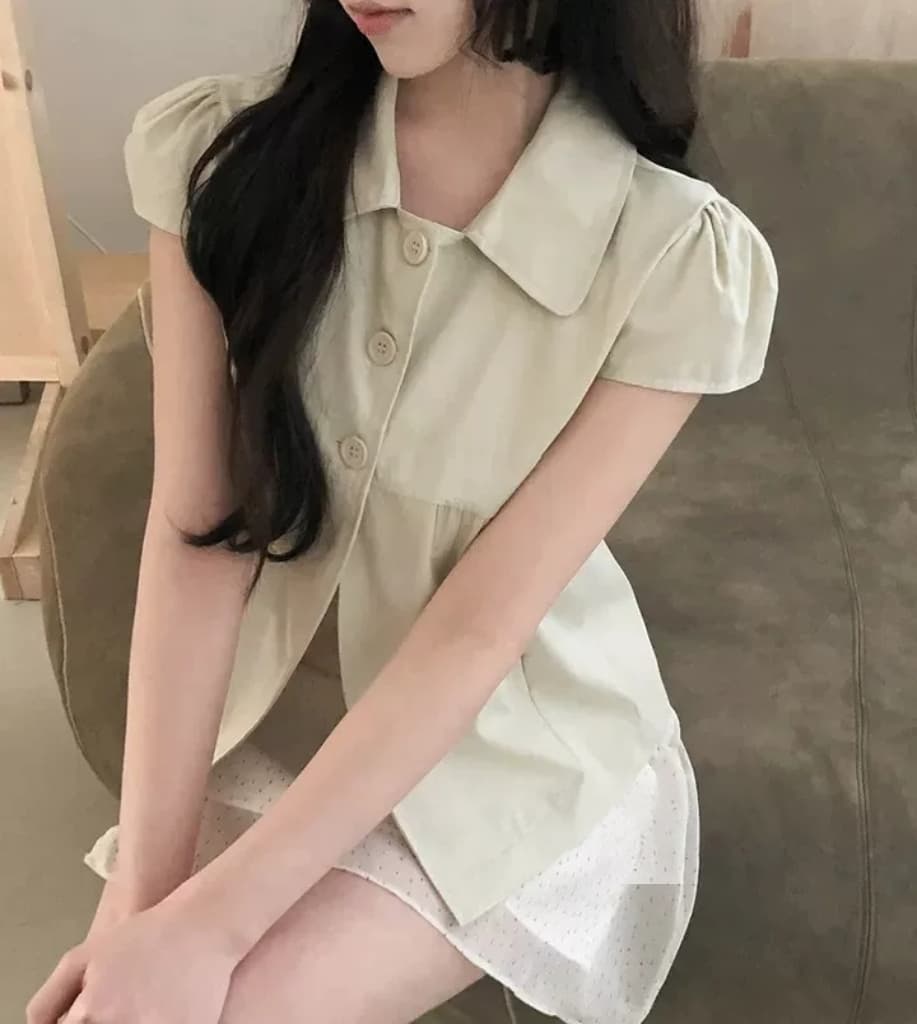 한국 ins 품격 폴로 칼라 부서 버클 단색 반팔 셔츠 상세 이미지 9