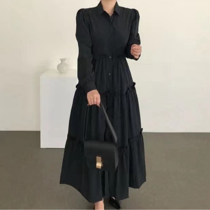 한 스타일 레트로 슬림해 보이는 우아함 롱 코트 드레스 이미지 5