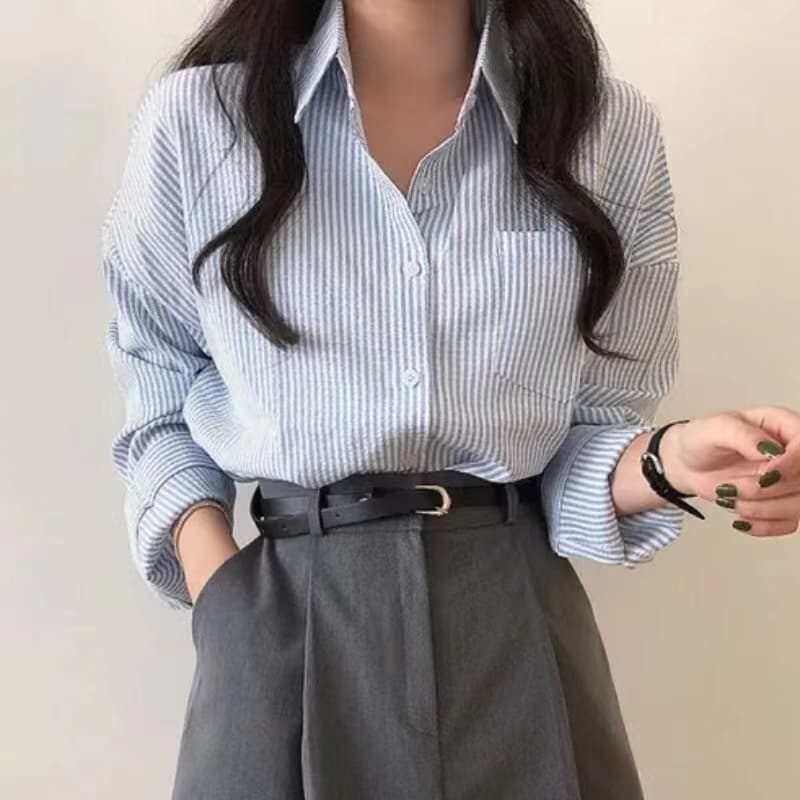 한국 chic 레트로 루즈핏 느긋한 스트라이프 긴팔 여성 셔츠