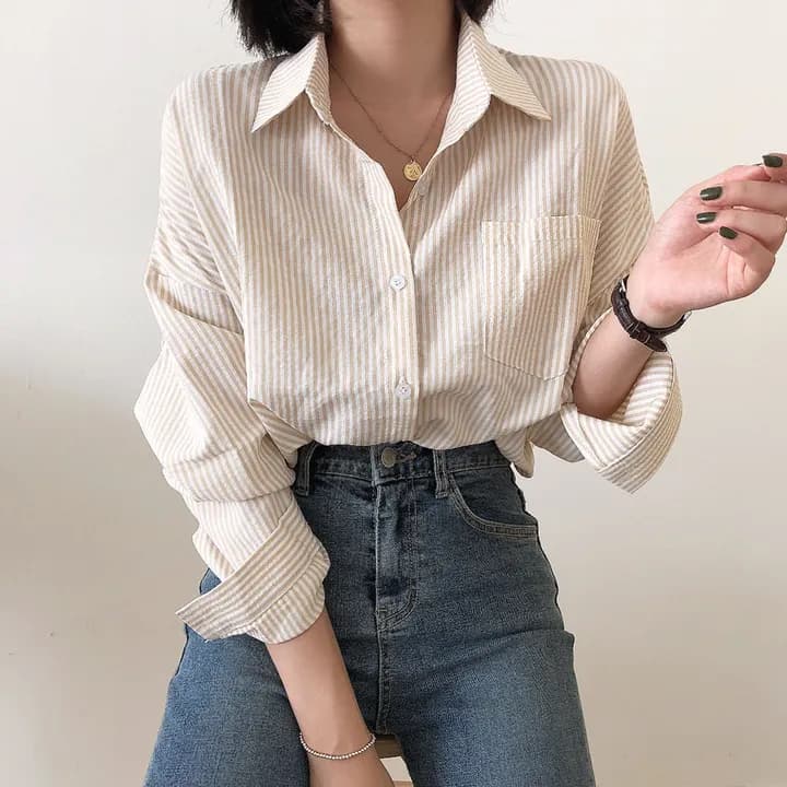 한국 chic 레트로 루즈핏 느긋한 스트라이프 긴팔 여성 셔츠 상세 이미지 3