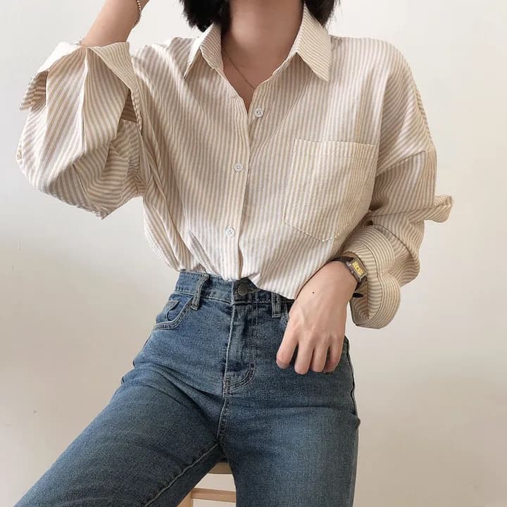 한국 chic 레트로 루즈핏 느긋한 스트라이프 긴팔 여성 셔츠 상세 이미지 4