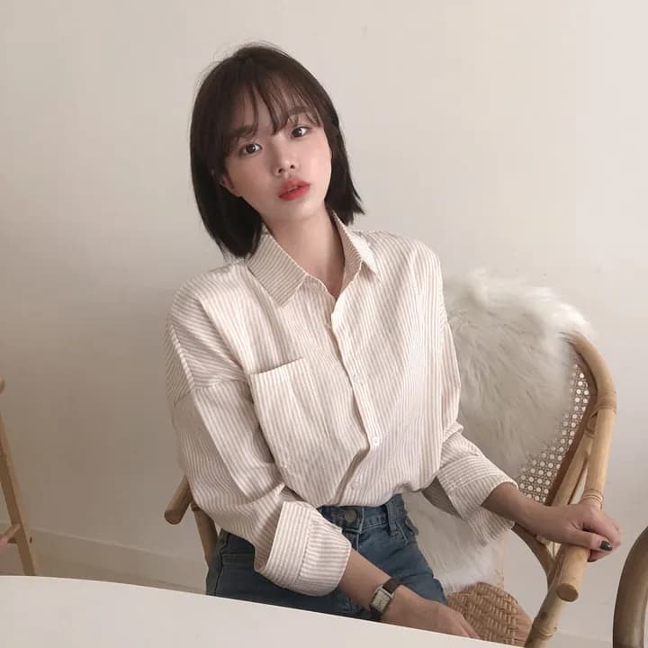 한국 chic 레트로 루즈핏 느긋한 스트라이프 긴팔 여성 셔츠 상세 이미지 6