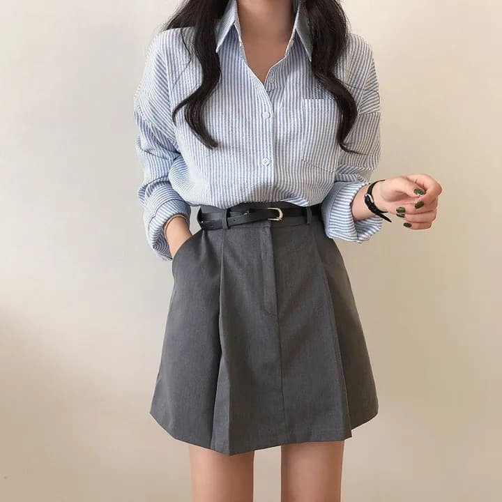 한국 chic 레트로 루즈핏 느긋한 스트라이프 긴팔 여성 셔츠 상세 이미지 8