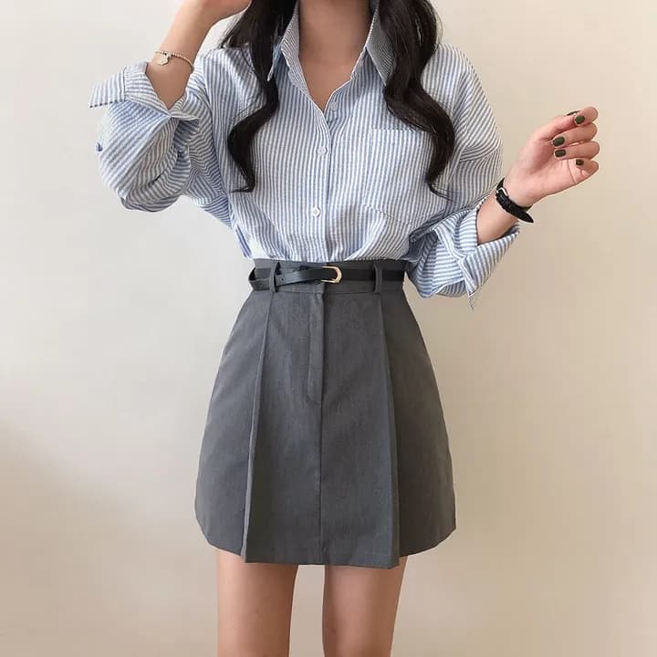 한국 chic 레트로 루즈핏 느긋한 스트라이프 긴팔 여성 셔츠 상세 이미지 10