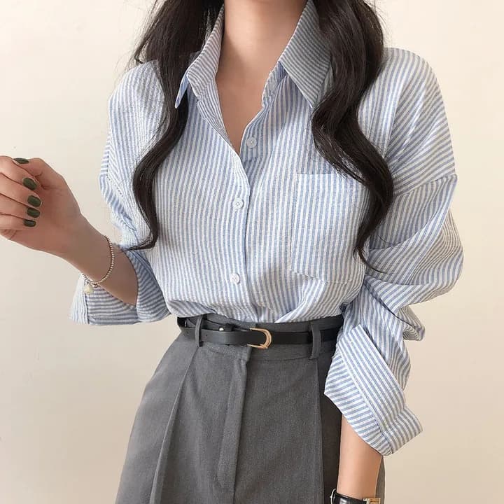 한국 chic 레트로 루즈핏 느긋한 스트라이프 긴팔 여성 셔츠 상세 이미지 11