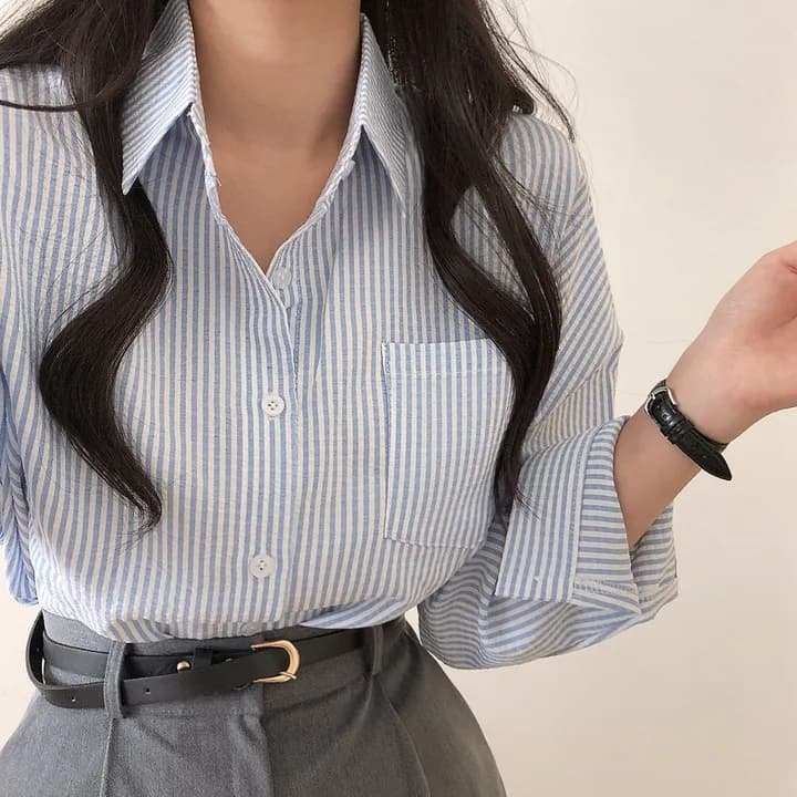 한국 chic 레트로 루즈핏 느긋한 스트라이프 긴팔 여성 셔츠 상세 이미지 13