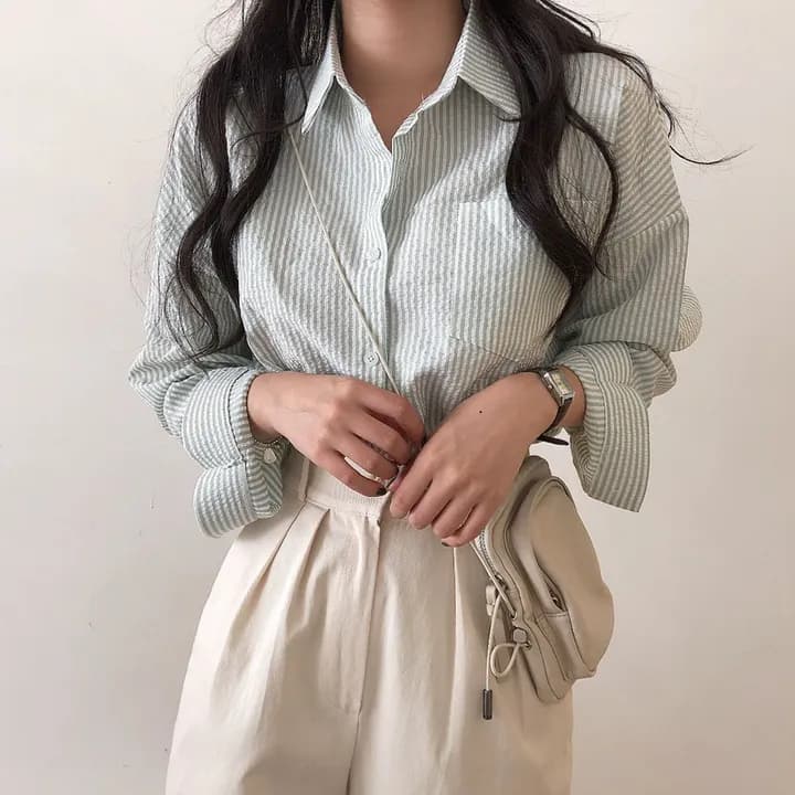한국 chic 레트로 루즈핏 느긋한 스트라이프 긴팔 여성 셔츠 상세 이미지 16
