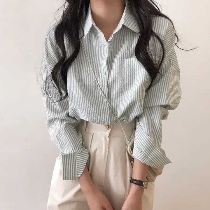 한국 chic 레트로 루즈핏 느긋한 스트라이프 긴팔 여성 셔츠 상세 이미지 17