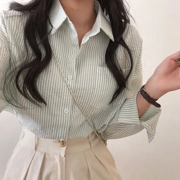 한국 chic 레트로 루즈핏 느긋한 스트라이프 긴팔 여성 셔츠 상세 이미지 18