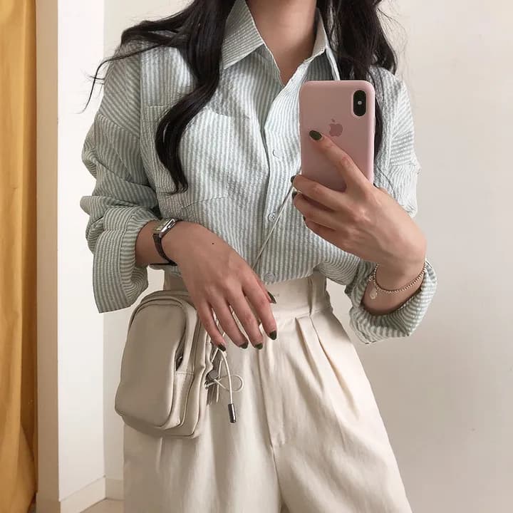 한국 chic 레트로 루즈핏 느긋한 스트라이프 긴팔 여성 셔츠 상세 이미지 24