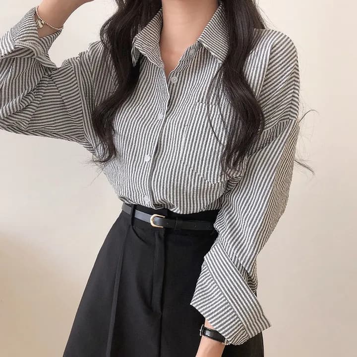 한국 chic 레트로 루즈핏 느긋한 스트라이프 긴팔 여성 셔츠 상세 이미지 25