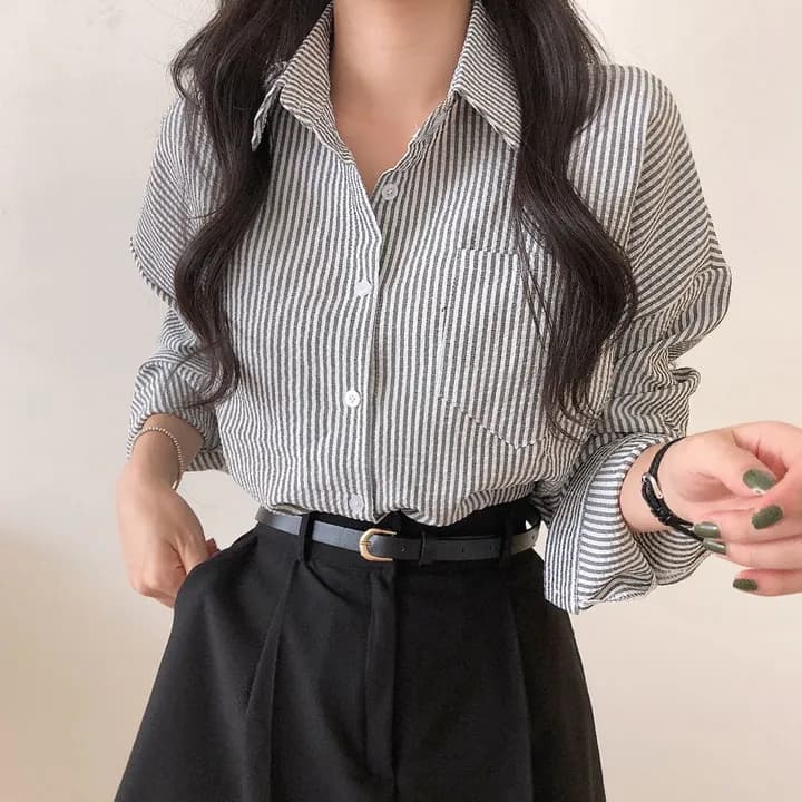 한국 chic 레트로 루즈핏 느긋한 스트라이프 긴팔 여성 셔츠 상세 이미지 26