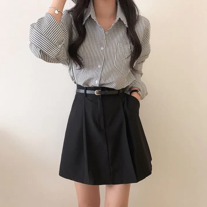 한국 chic 레트로 루즈핏 느긋한 스트라이프 긴팔 여성 셔츠 상세 이미지 27