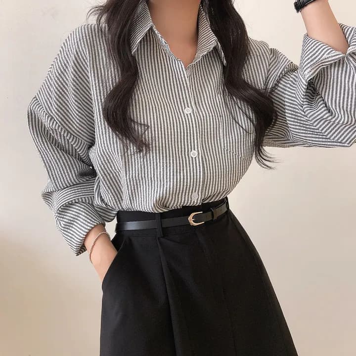 한국 chic 레트로 루즈핏 느긋한 스트라이프 긴팔 여성 셔츠 상세 이미지 30