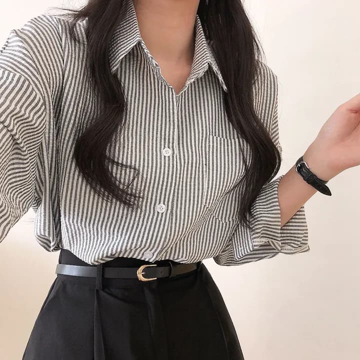 한국 chic 레트로 루즈핏 느긋한 스트라이프 긴팔 여성 셔츠 상세 이미지 31