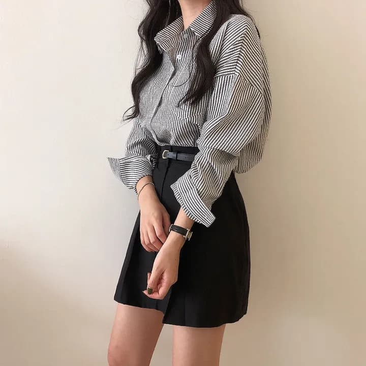 한국 chic 레트로 루즈핏 느긋한 스트라이프 긴팔 여성 셔츠 상세 이미지 32