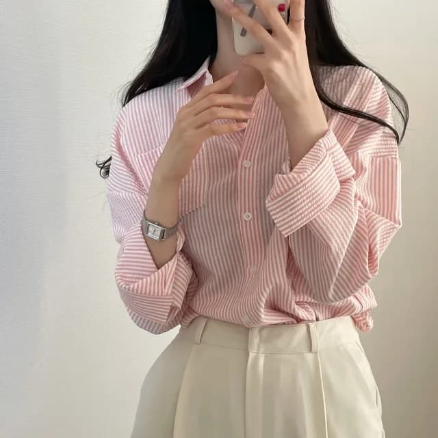 한국 chic 레트로 루즈핏 느긋한 스트라이프 긴팔 여성 셔츠 상세 이미지 34