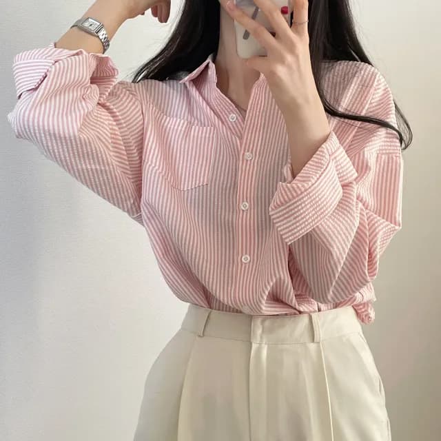 한국 chic 레트로 루즈핏 느긋한 스트라이프 긴팔 여성 셔츠 상세 이미지 35