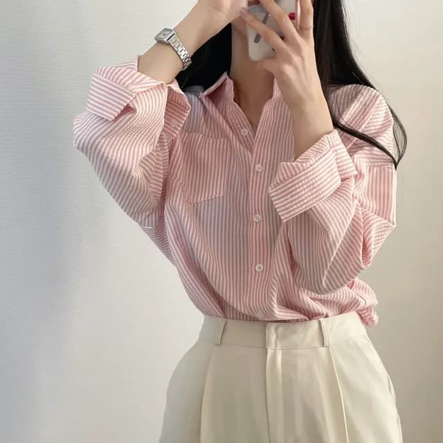 한국 chic 레트로 루즈핏 느긋한 스트라이프 긴팔 여성 셔츠 상세 이미지 36