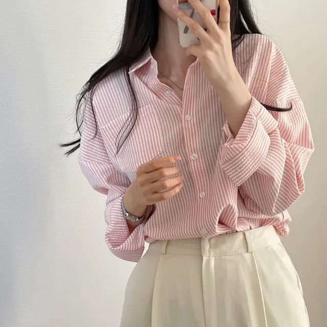 한국 chic 레트로 루즈핏 느긋한 스트라이프 긴팔 여성 셔츠 상세 이미지 37