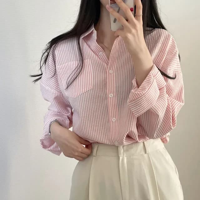 한국 chic 레트로 루즈핏 느긋한 스트라이프 긴팔 여성 셔츠 상세 이미지 38