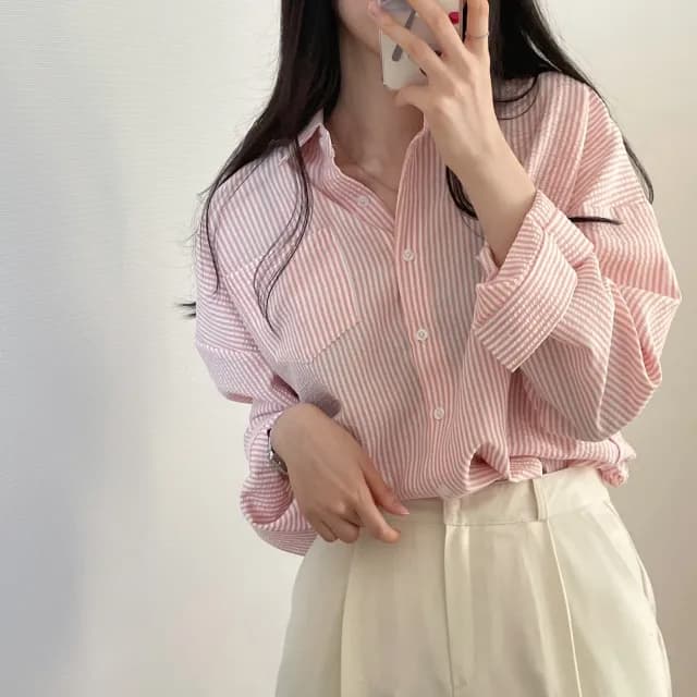 한국 chic 레트로 루즈핏 느긋한 스트라이프 긴팔 여성 셔츠 상세 이미지 39
