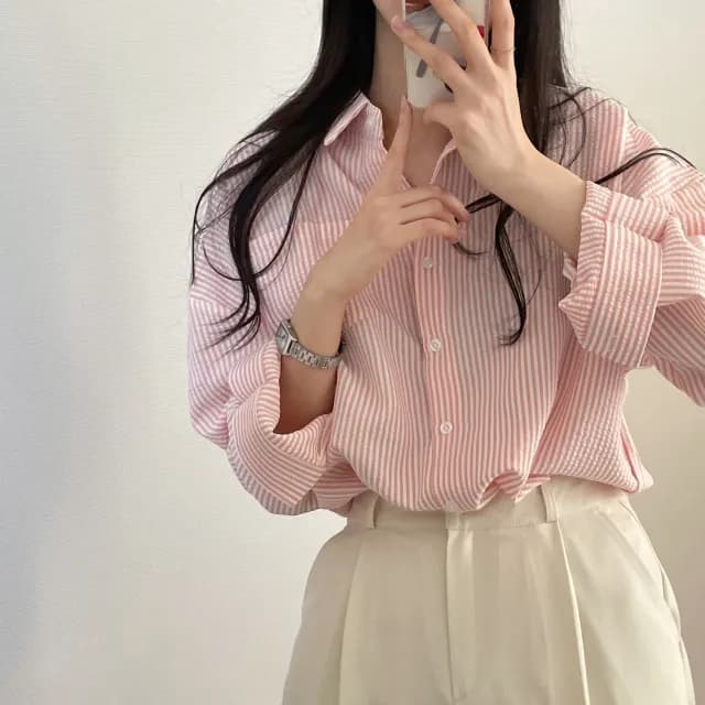 한국 chic 레트로 루즈핏 느긋한 스트라이프 긴팔 여성 셔츠 상세 이미지 41
