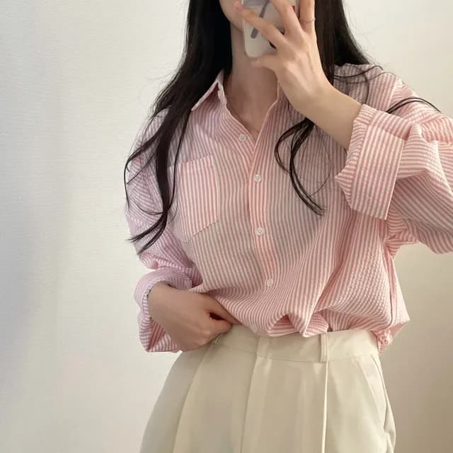 한국 chic 레트로 루즈핏 느긋한 스트라이프 긴팔 여성 셔츠 상세 이미지 42