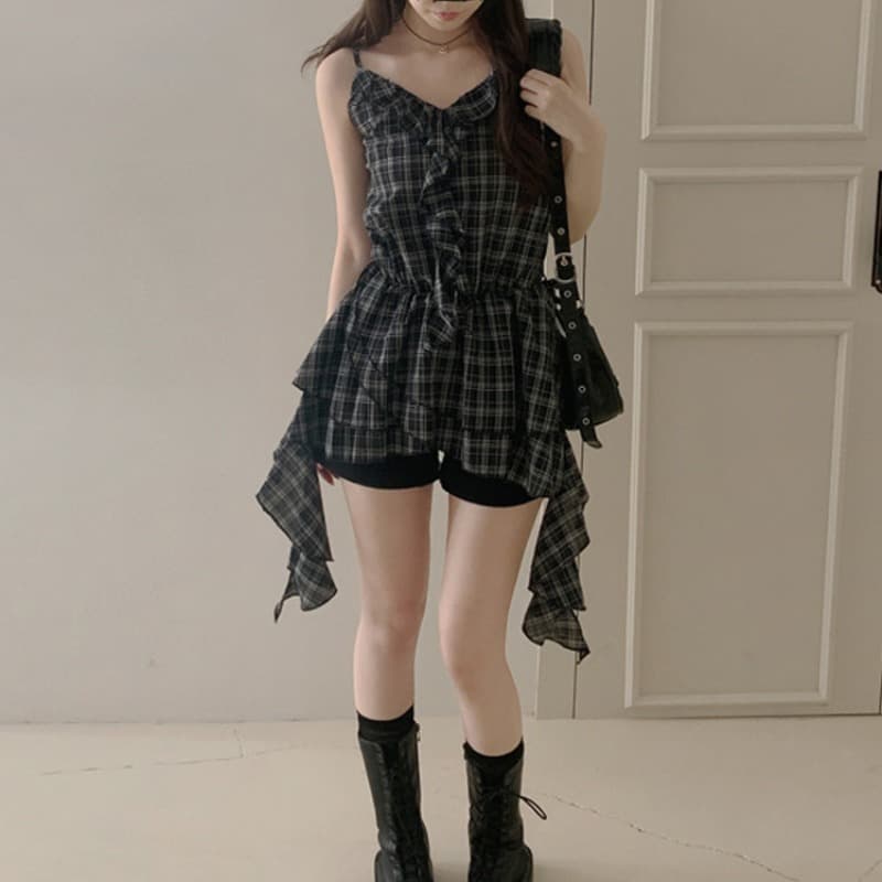 귀신 부서 소녀 한국 레트로 체크무늬 슬립 드레스 학원 스타일 프릴 불규칙 미니 스커트 이미지 4