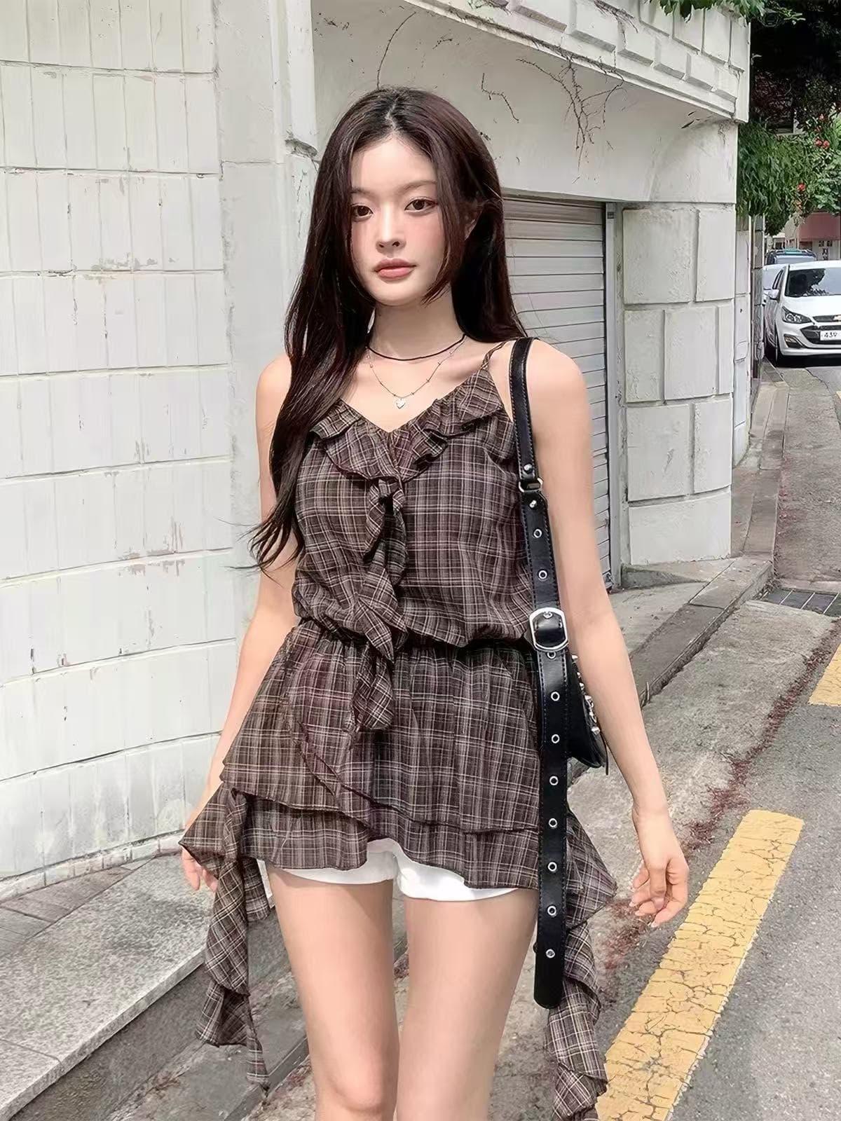 귀신 부서 소녀 한국 레트로 체크무늬 슬립 드레스 학원 스타일 프릴 불규칙 미니 스커트 상세 이미지 1
