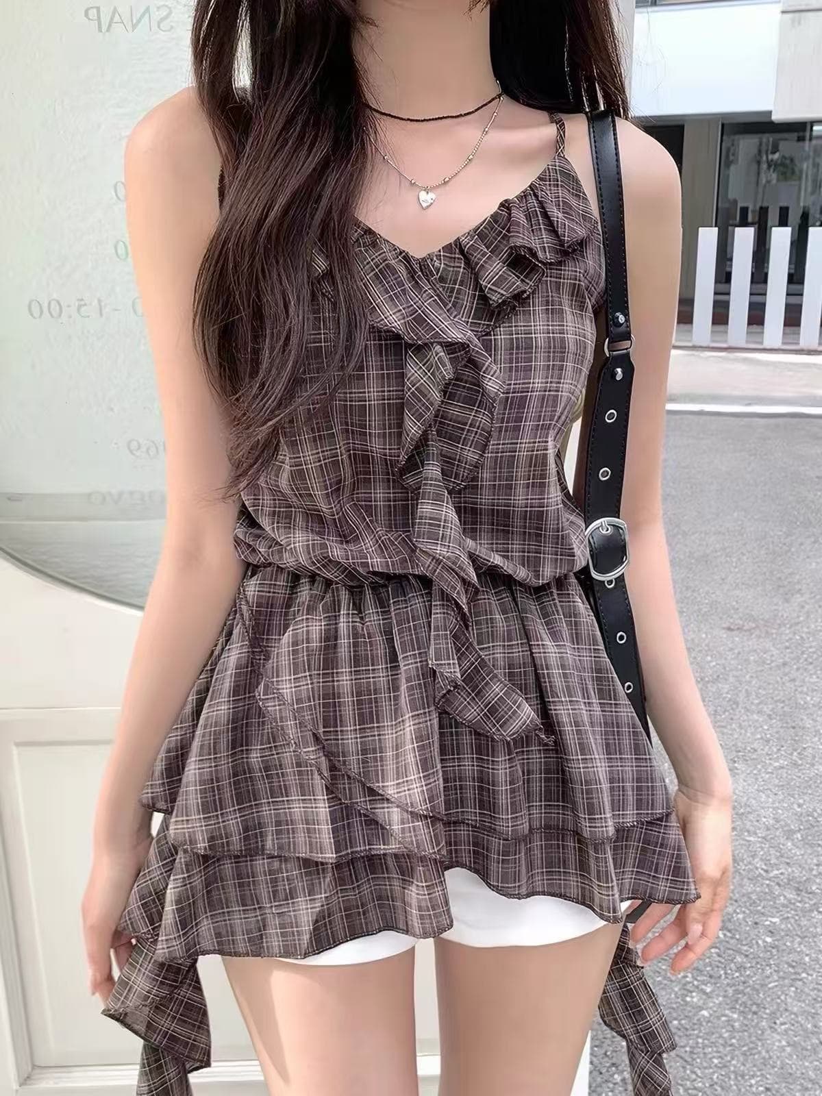 귀신 부서 소녀 한국 레트로 체크무늬 슬립 드레스 학원 스타일 프릴 불규칙 미니 스커트 상세 이미지 2