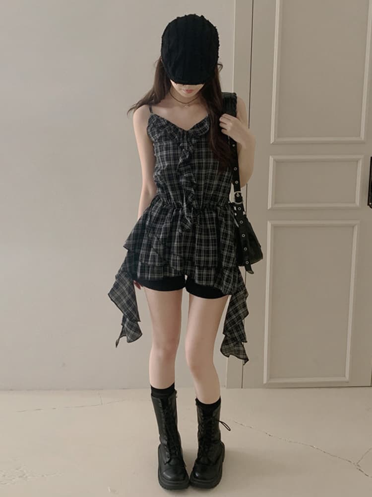 귀신 부서 소녀 한국 레트로 체크무늬 슬립 드레스 학원 스타일 프릴 불규칙 미니 스커트 상세 이미지 4