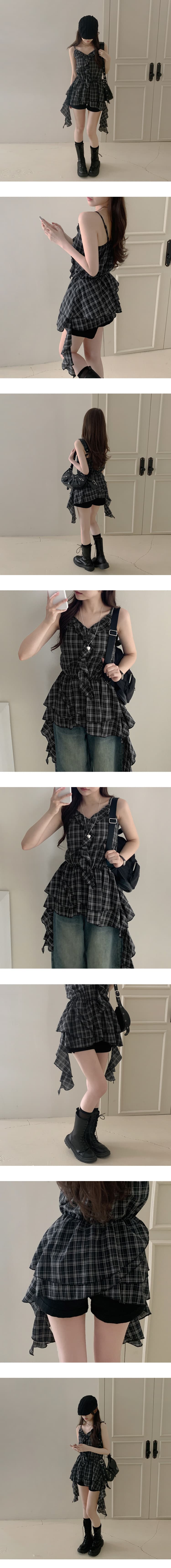 귀신 부서 소녀 한국 레트로 체크무늬 슬립 드레스 학원 스타일 프릴 불규칙 미니 스커트 상세 이미지 7