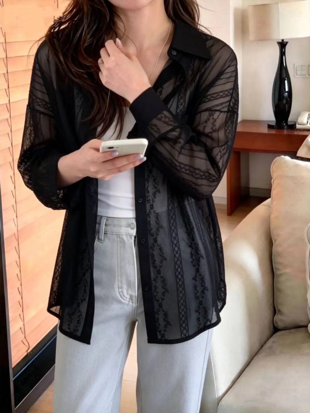 한국 ins 이후 트임 레이스업 레이스 루즈핏 셔츠 루즈핏 한국 스타일 레이스 셔츠 셔츠 이미지 4