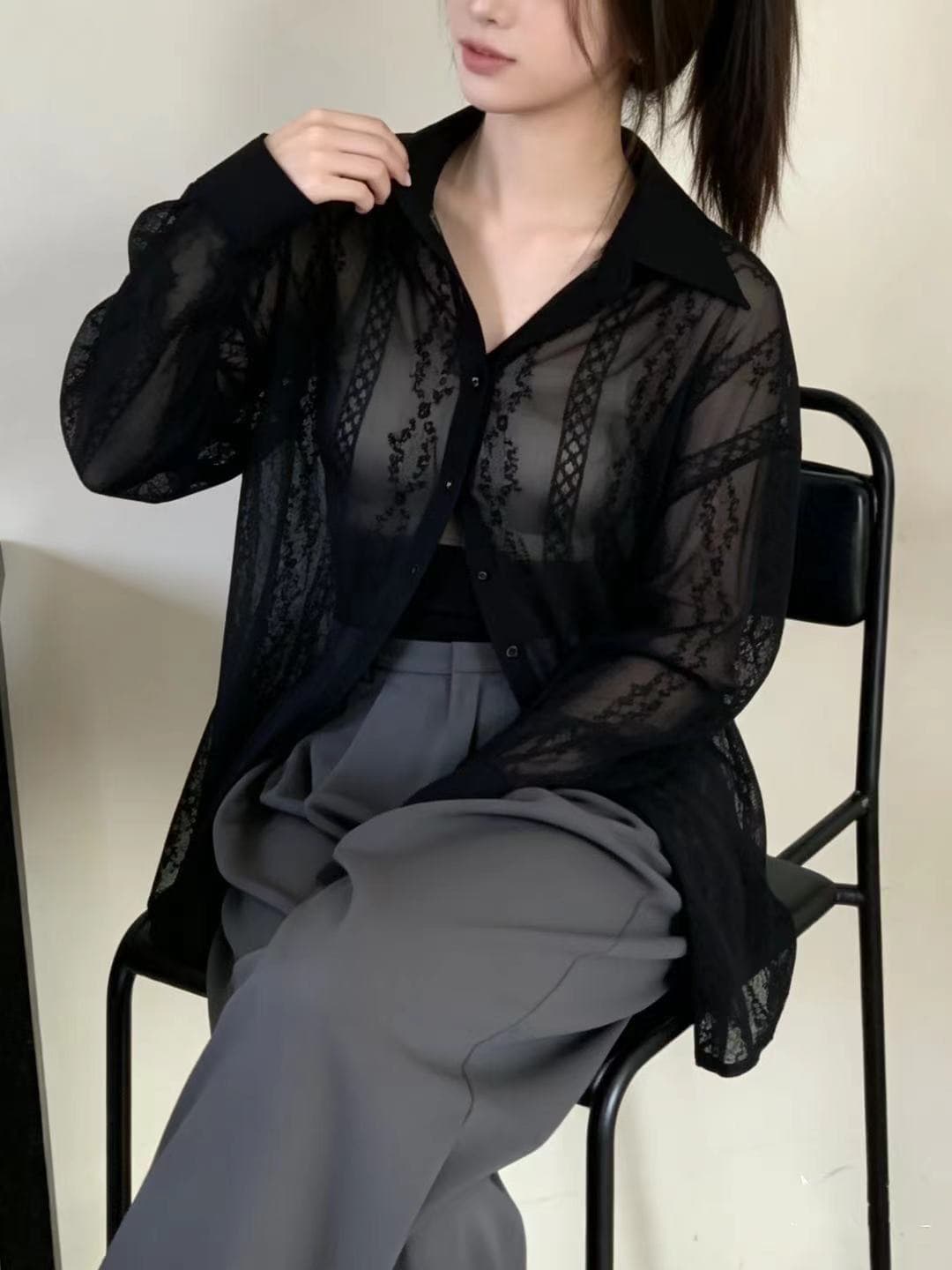 한국 ins 이후 트임 레이스업 레이스 루즈핏 셔츠 루즈핏 한국 스타일 레이스 셔츠 셔츠 상세 이미지 8