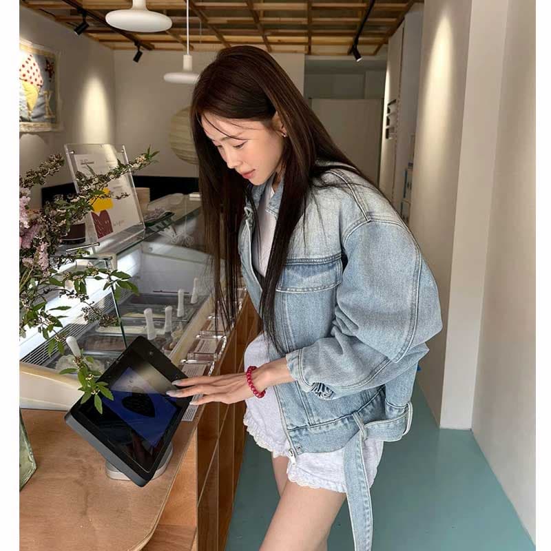한국 스타일 새로운 워크웨어 바람 카우보이 바깥 세트 여성 의류 폴로 칼라 루즈핏 슬림해 보이는 쇼트 스타일 데님 재킷 이미지 4