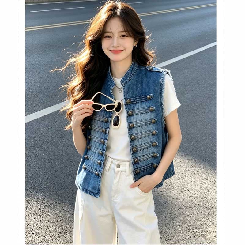 2026 가을 새로운 레트로 세련된 금속 갈비 살 버클 털 하고있는 동안해라. 오래된 데님 조끼 여자 이미지 2
