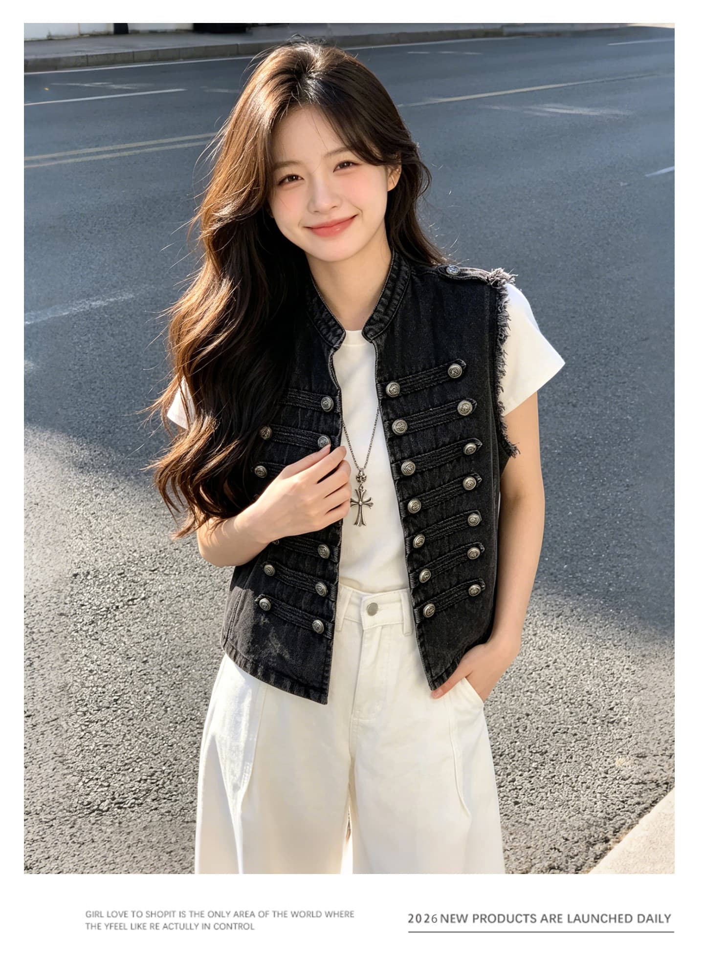 2026 가을 새로운 레트로 세련된 금속 갈비 살 버클 털 하고있는 동안해라. 오래된 데님 조끼 여자 상세 이미지 4