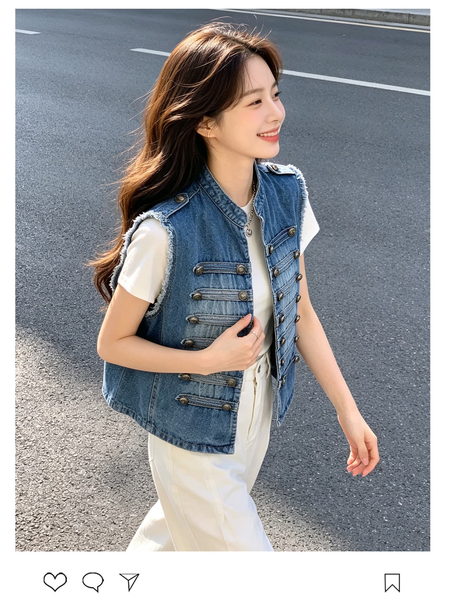 2026 가을 새로운 레트로 세련된 금속 갈비 살 버클 털 하고있는 동안해라. 오래된 데님 조끼 여자 상세 이미지 5