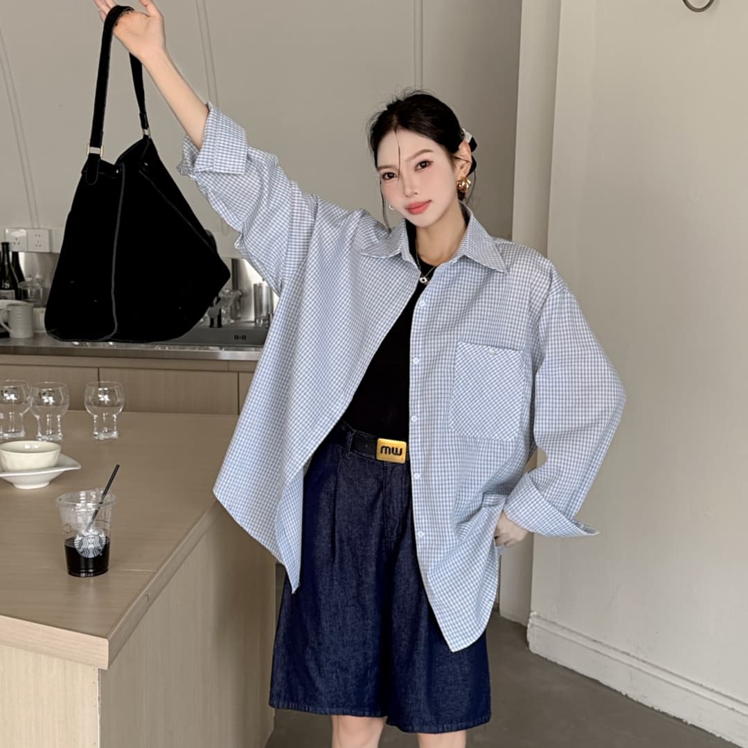 한국 스타일 격자 무늬 셔츠 긴팔 루즈핏 캐주얼 셔츠 여성 재킷 상세 이미지 2