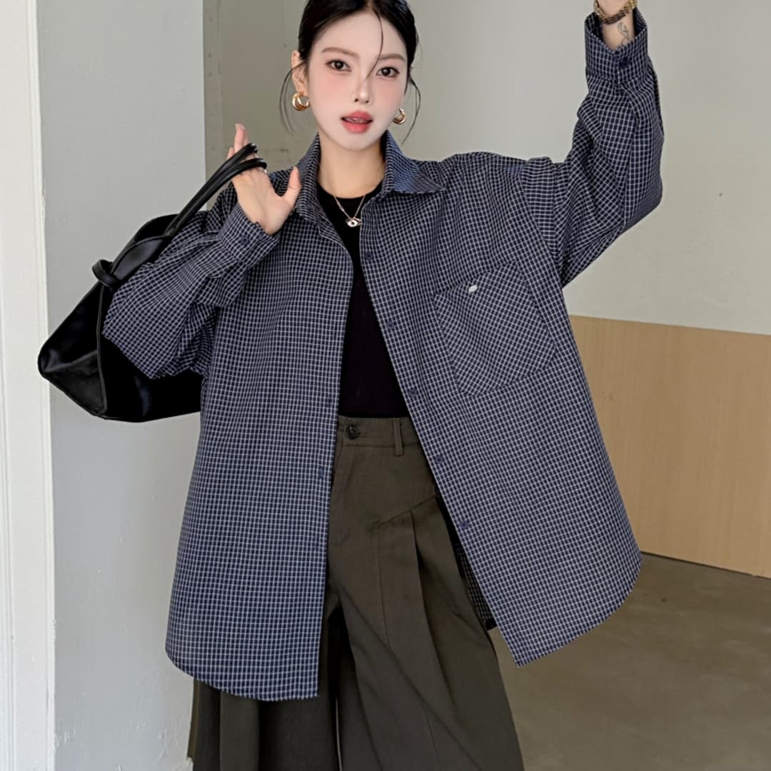 한국 스타일 격자 무늬 셔츠 긴팔 루즈핏 캐주얼 셔츠 여성 재킷 상세 이미지 12