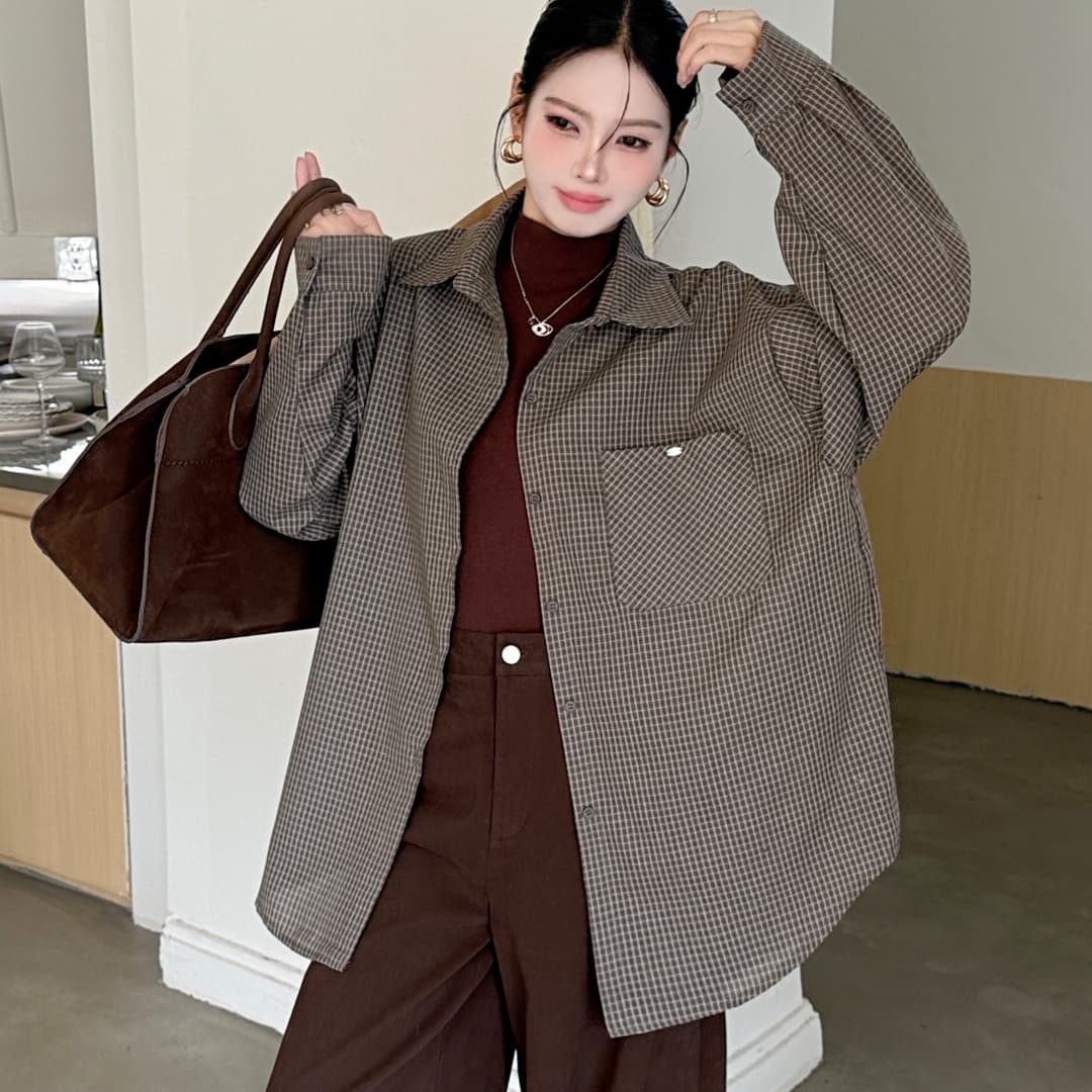 한국 스타일 격자 무늬 셔츠 긴팔 루즈핏 캐주얼 셔츠 여성 재킷 상세 이미지 16