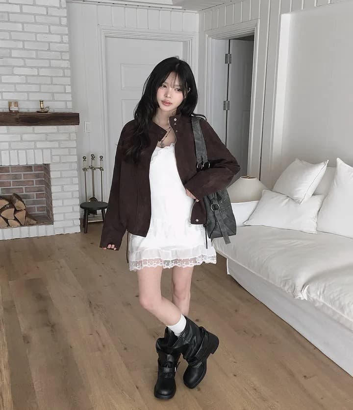 한국 ins 스웨이드 스탠드 칼라 재킷 재킷 상세 이미지 4