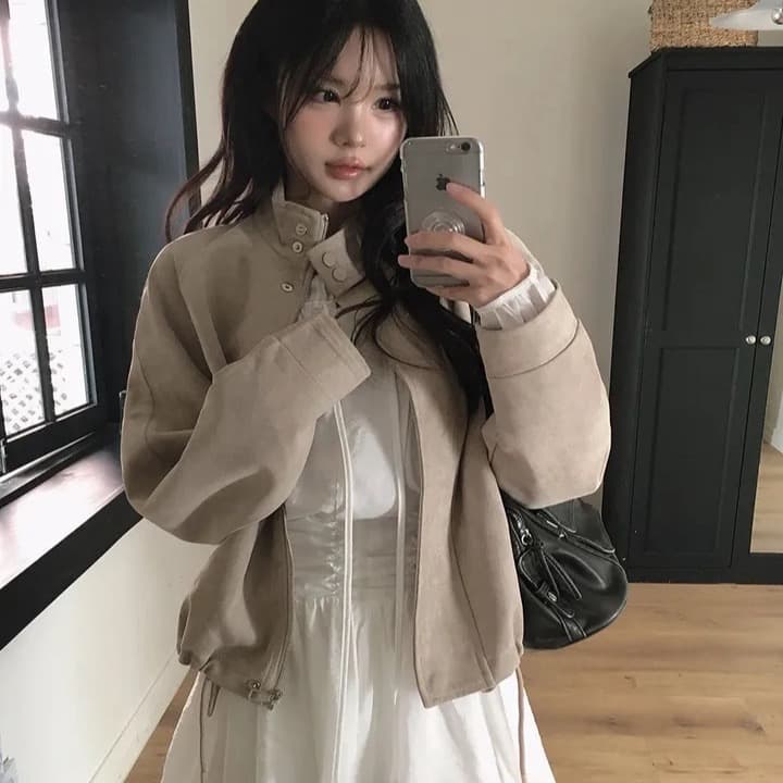 한국 ins 스웨이드 스탠드 칼라 재킷 재킷 상세 이미지 11